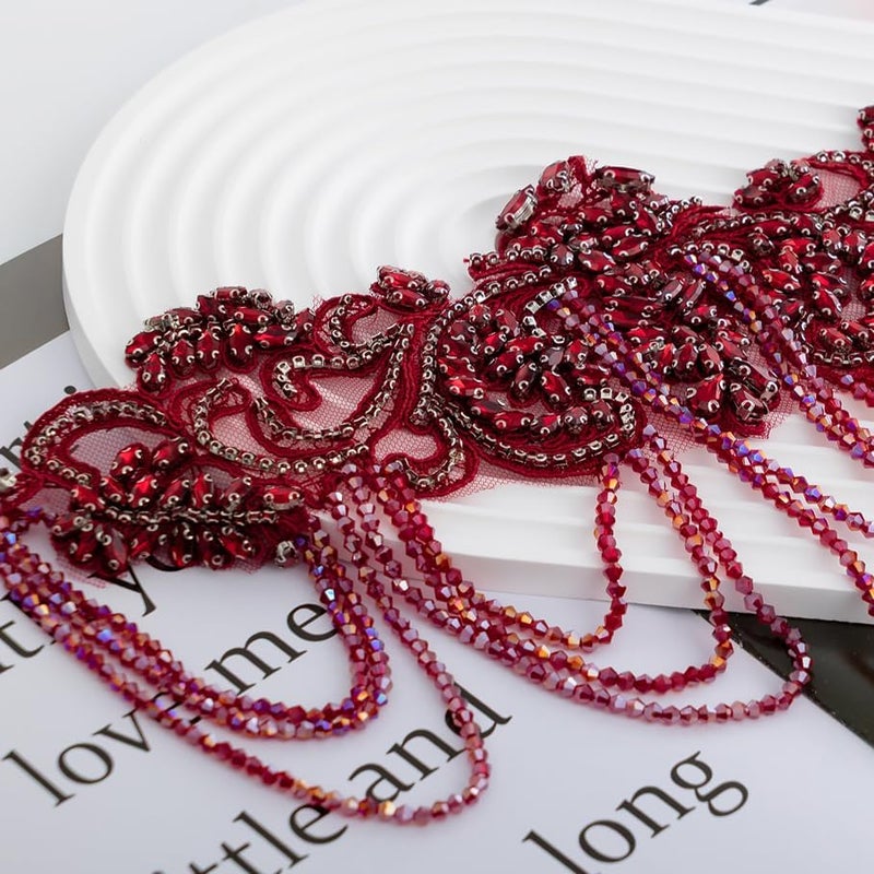 amusediy Wine Red Beaded Rhinestones Applique Embellishment for Clothes,Epaulettes Shoulder Patches Sew-on Diamond Sequin Applique for Wedding Dress DIY Accessories Belt Waist Decoration - Image 4